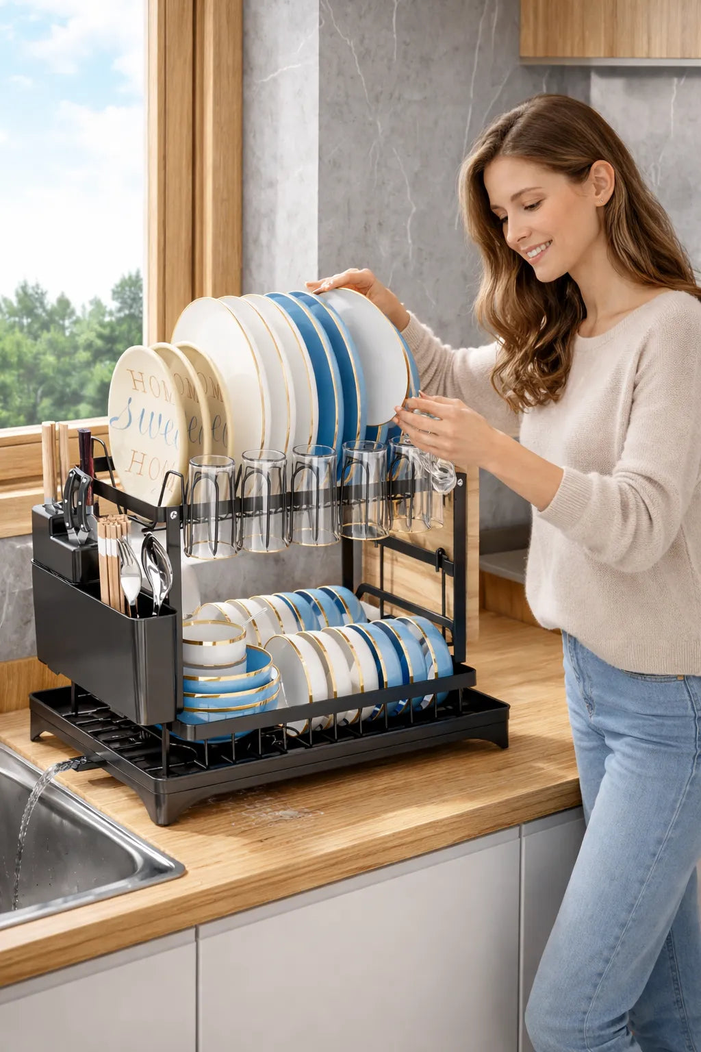 Woman organizing dishes in a kitchen using a dish rack.