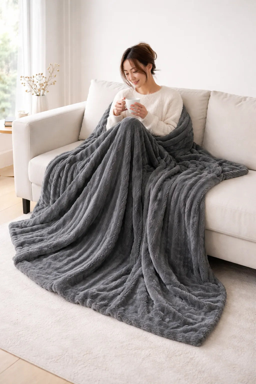 Woman sitting on a couch wrapped in a gray blanket, holding a cup.
