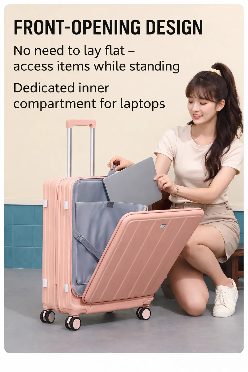 Woman using a pink suitcase with a front-opening design, sitting on the floor.