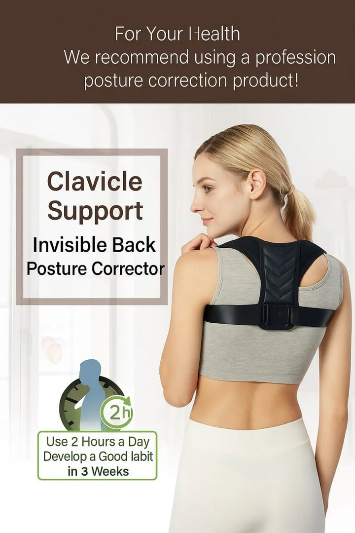 Woman wearing a clavicle support brace with text about its benefits and usage.