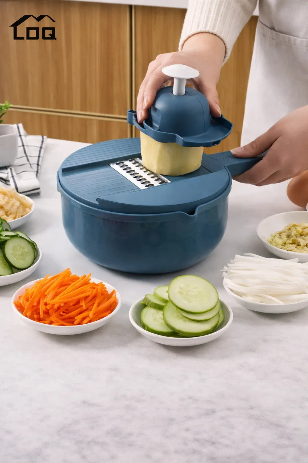 Women Shredding Potato with 12-in-1 Multi-Function Vegetable Chopper with Container