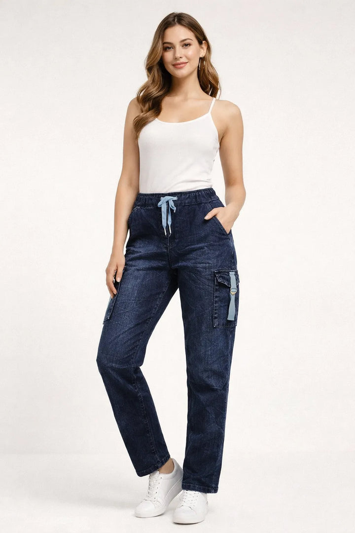 Women’s Dark Blue Denim Cargo Joggers – Stretch Waist Slim Fit