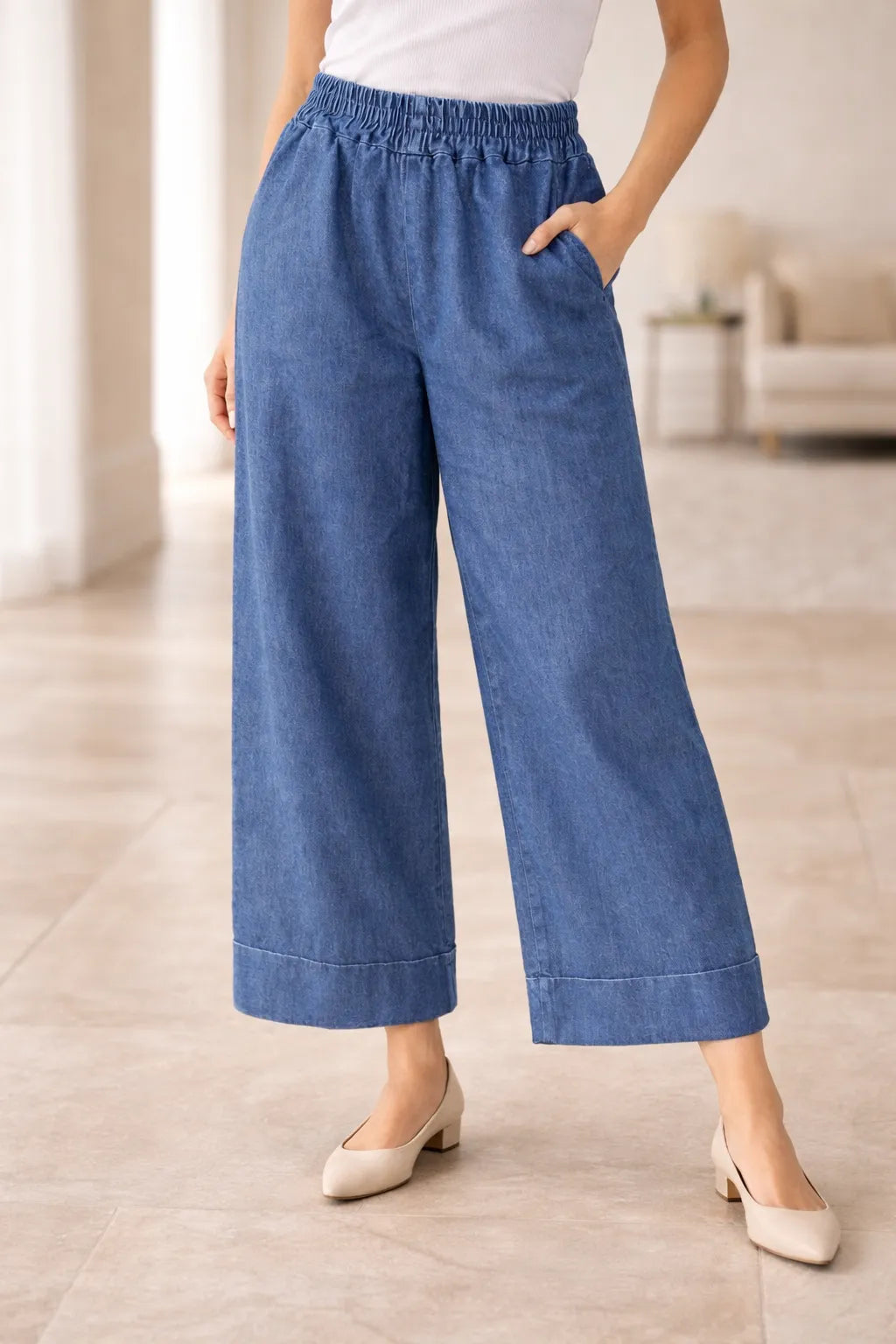 Womens Light Wash Wide Leg Denim Trousers with Folded Hem
