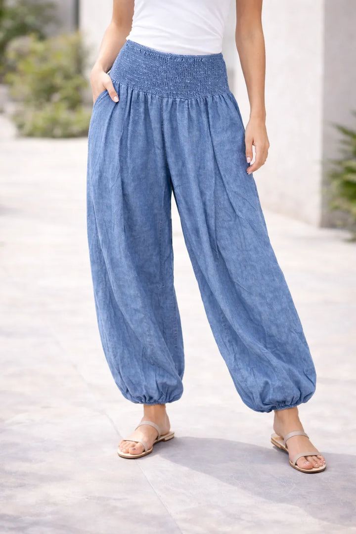 Womens Mid Wash Lightweight Denim-Look Harem Trousers – Elastic Waist