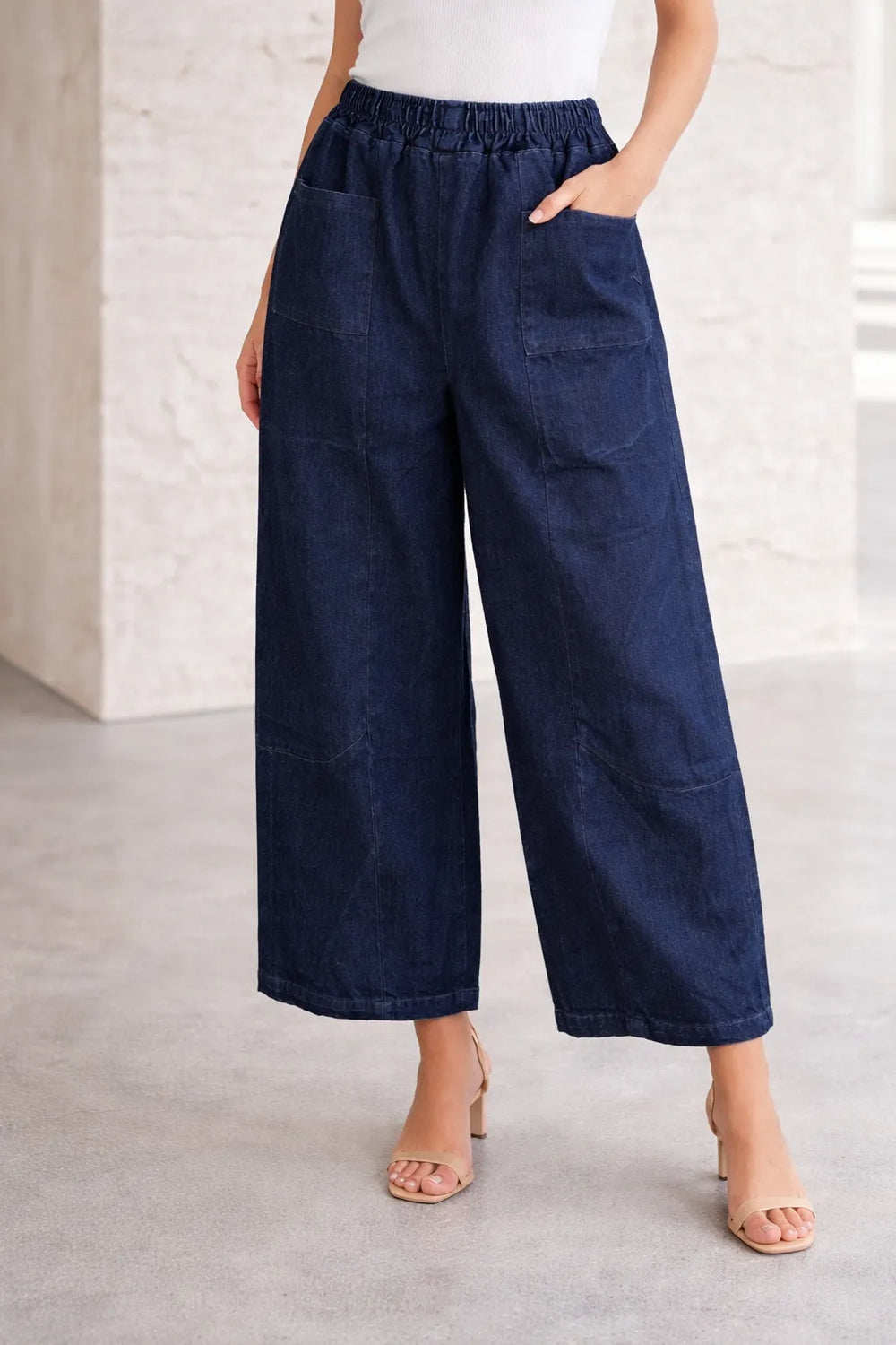  Womens Wide-Leg Denim Trousers with Elasticated Waist 