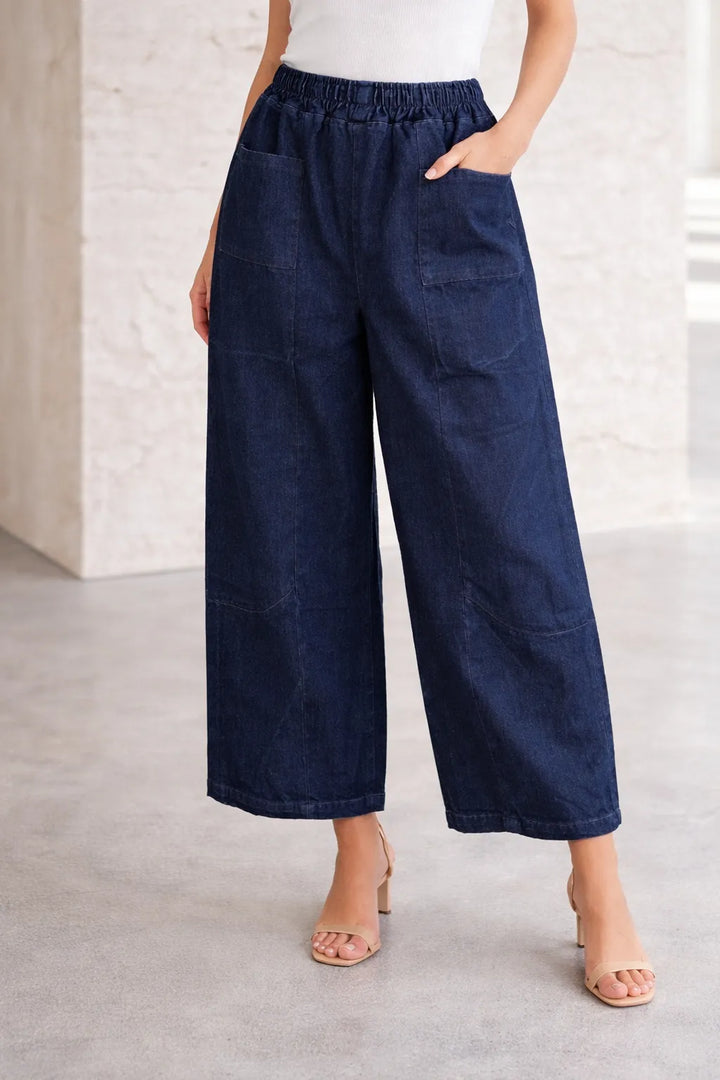  Womens Wide-Leg Denim Trousers with Elasticated Waist 