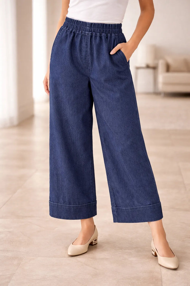  Womens Wide Leg Denim Trousers with Folded Hem