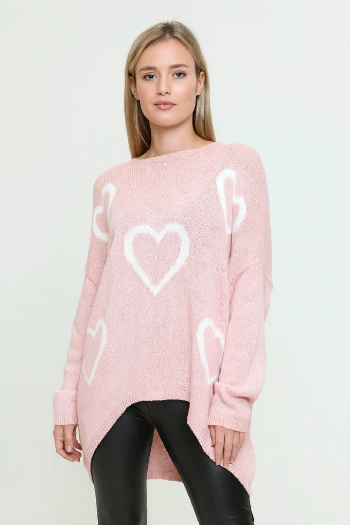 Italian Chunky Knit All Over Heart Print Jumper Top