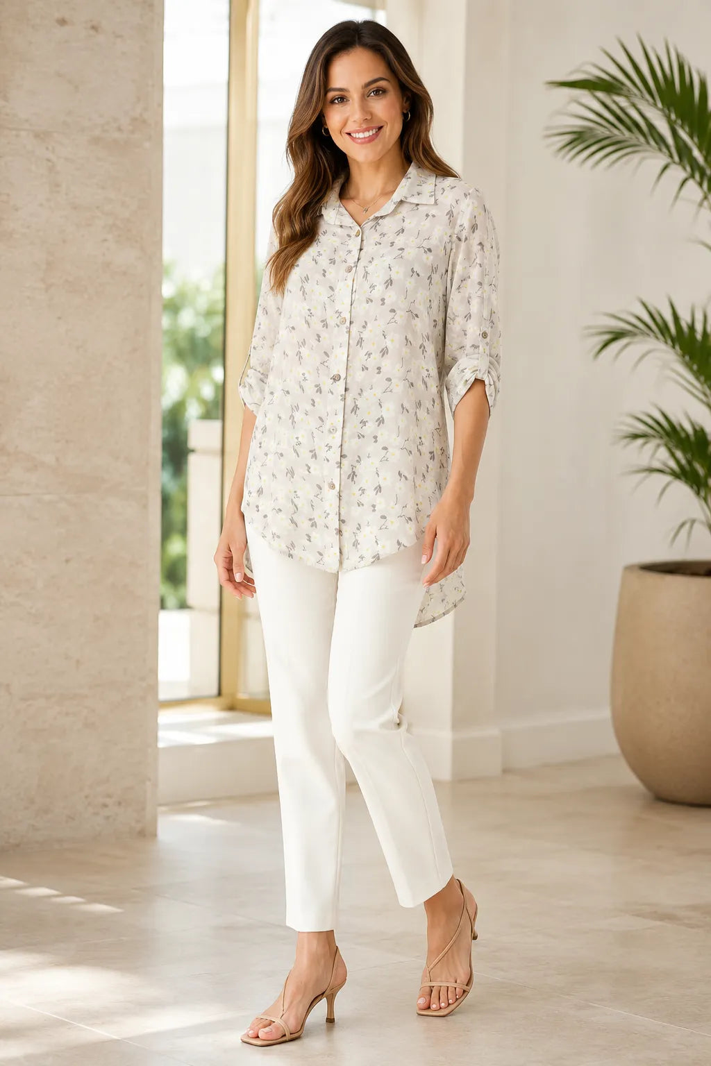 Woman wearing a light-colored blouse and white pants in a bright room with a plant.