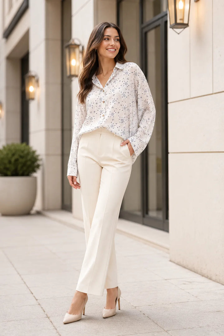 Woman in a white floral blouse and beige pants standing on a sidewalk.