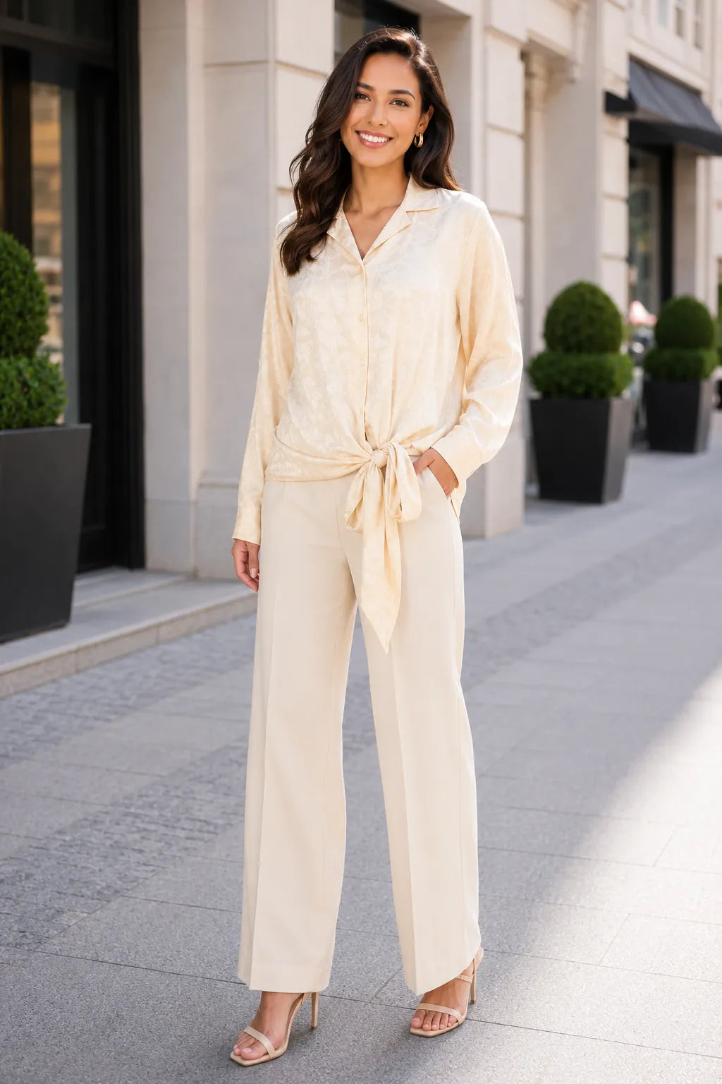 Woman in a beige outfit standing on a city street