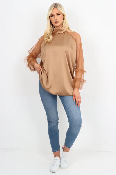 Italian Frill Mesh Net Sleeve High Neck Satin Top