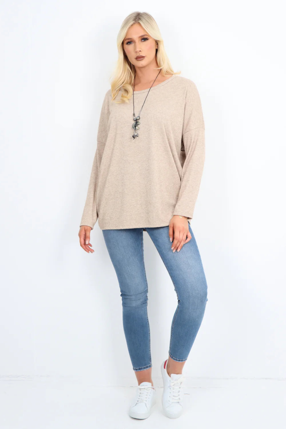 Italian Basic Soft Knit Long Sleeve Necklace Top