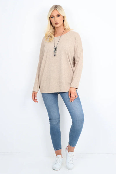Italian Basic Soft Knit Long Sleeve Necklace Top