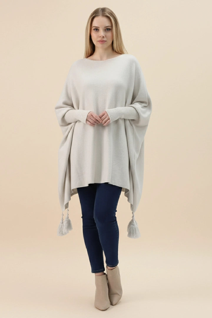 Oversized Round Neck Tassel Poncho