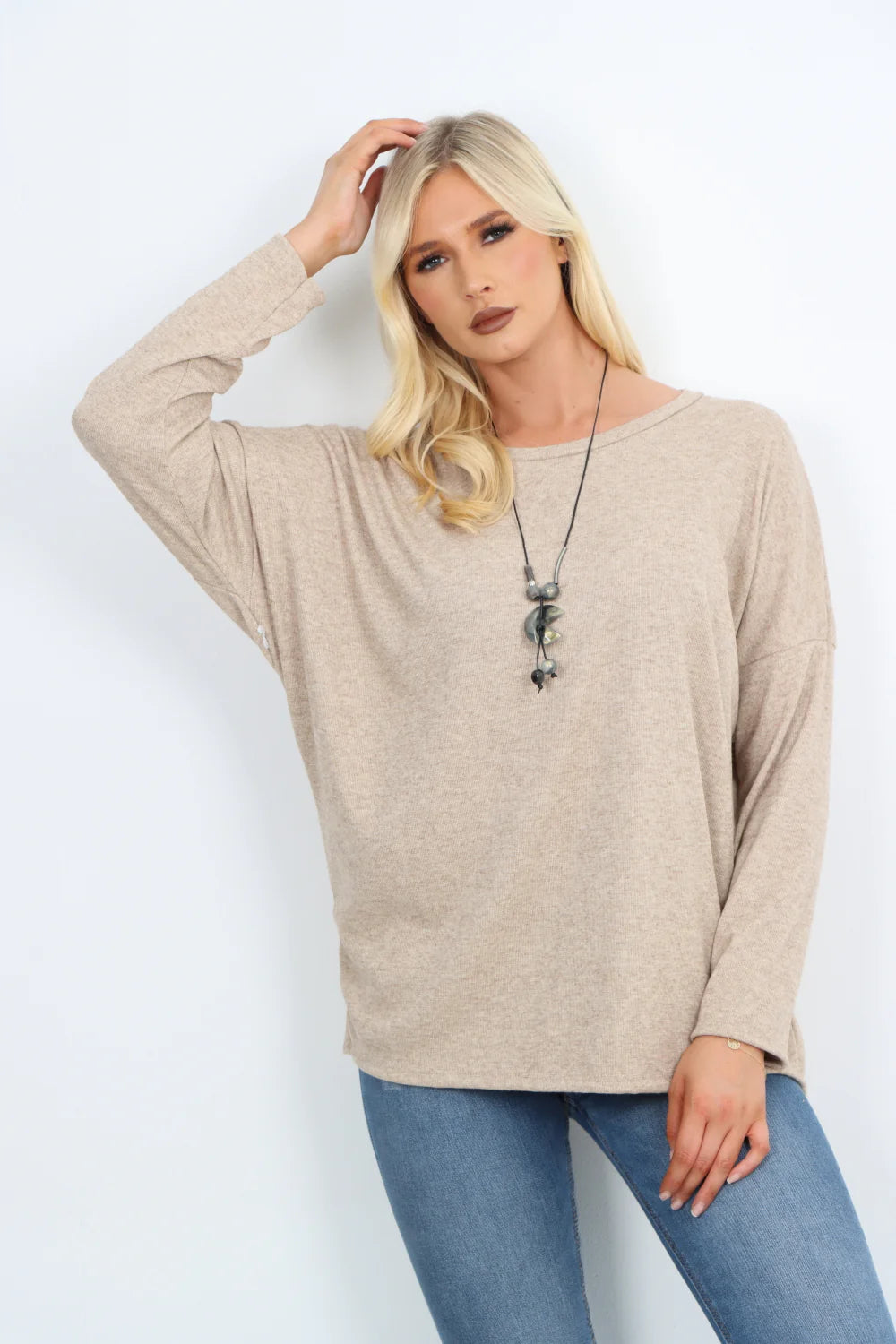 Italian Basic Soft Knit Long Sleeve Necklace Top