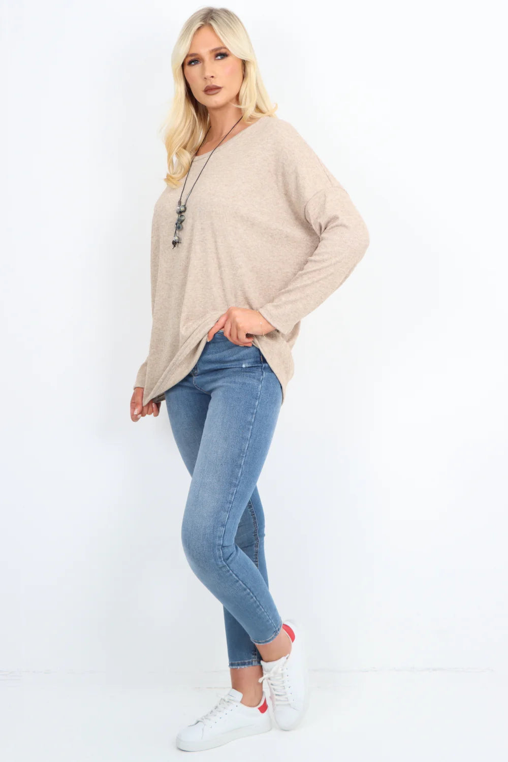 Italian Basic Soft Knit Long Sleeve Necklace Top