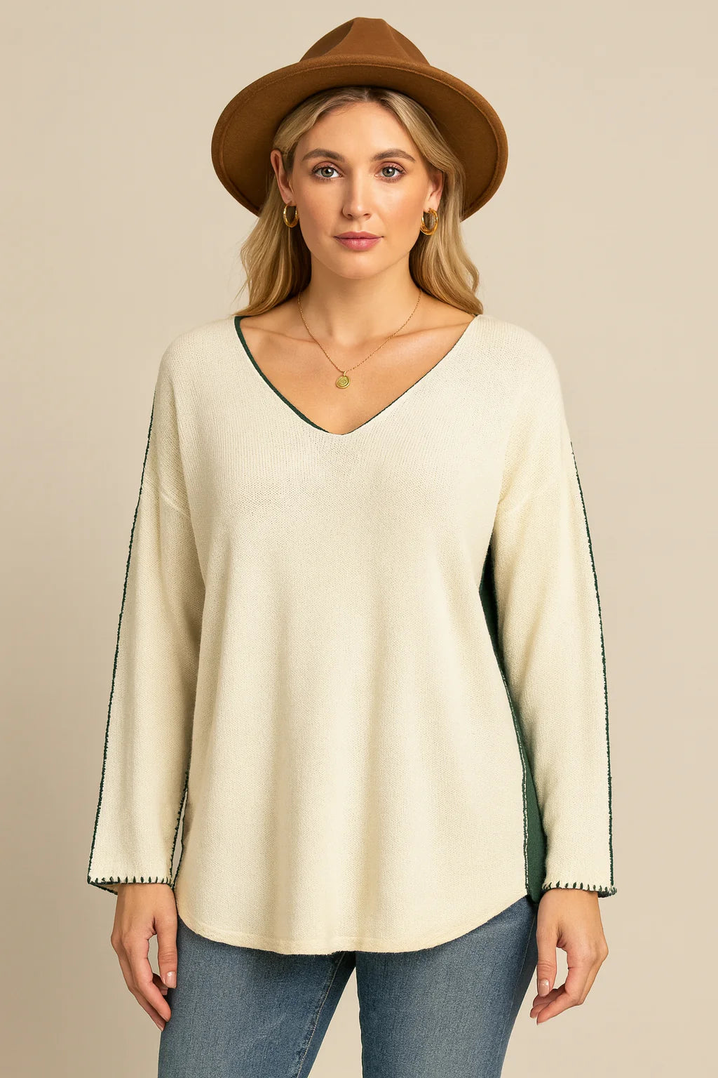 Italian Soft Knit Contrast Colour V Neck Jumper Top