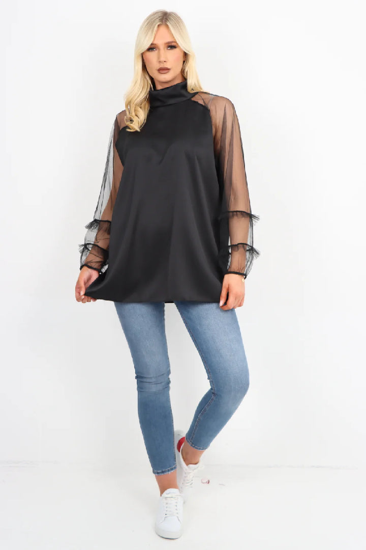Italian Frill Mesh Net Sleeve High Neck Satin Top