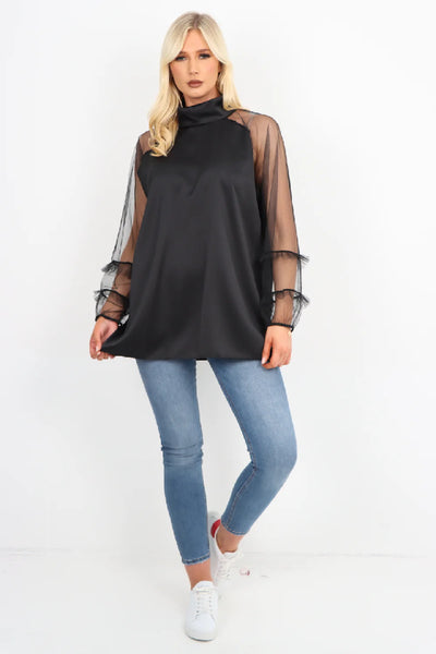 Italian Frill Mesh Net Sleeve High Neck Satin Top