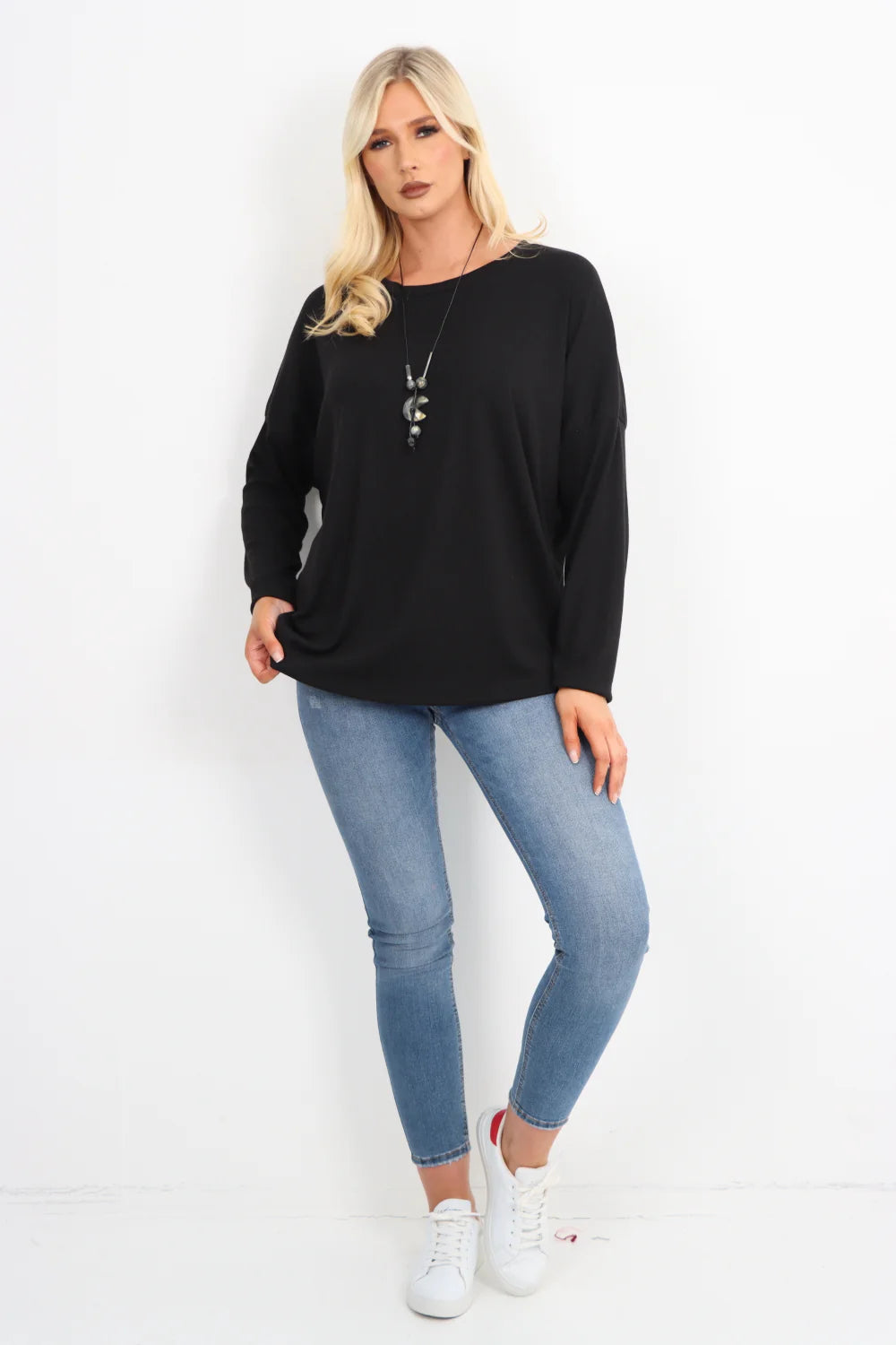 Italian Basic Soft Knit Long Sleeve Necklace Top