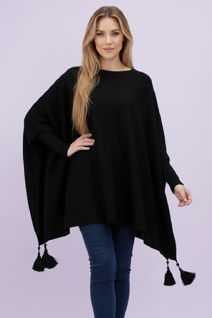 Oversized Round Neck Tassel Poncho