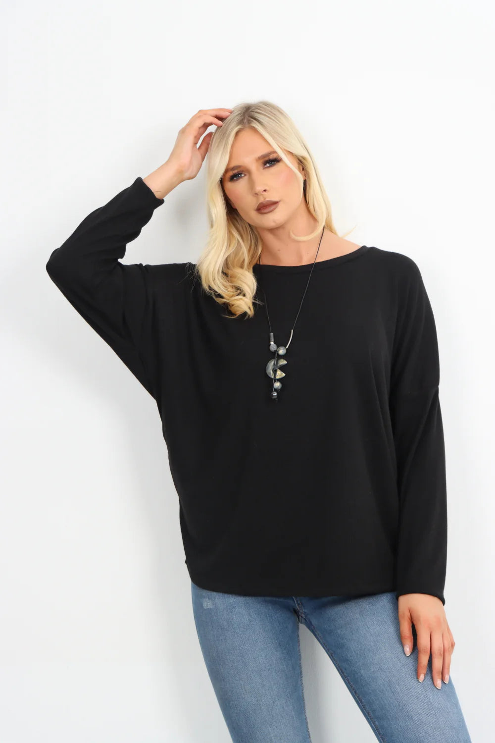 Italian Basic Soft Knit Long Sleeve Necklace Top