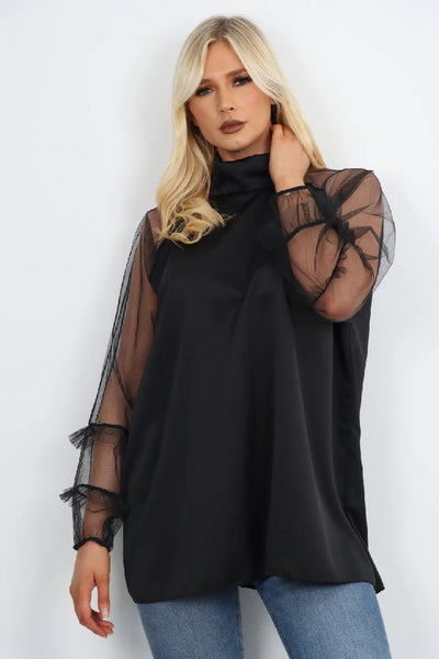 Italian Frill Mesh Net Sleeve High Neck Satin Top