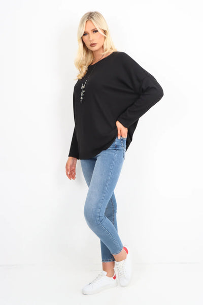 Italian Basic Soft Knit Long Sleeve Necklace Top