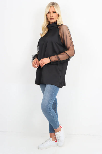 Italian Frill Mesh Net Sleeve High Neck Satin Top
