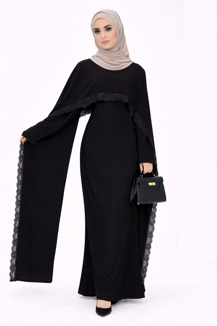 Lace Trim Modest Abaya Dress