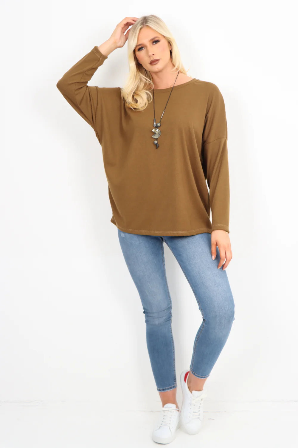 Italian Basic Soft Knit Long Sleeve Necklace Top