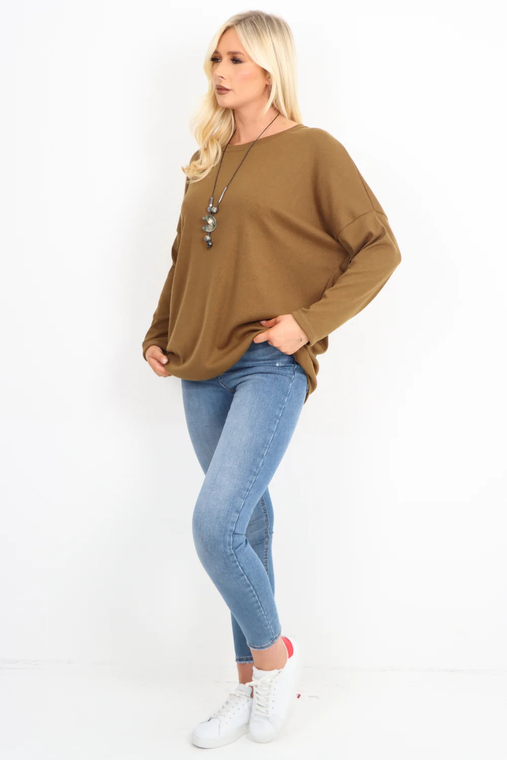 Italian Basic Soft Knit Long Sleeve Necklace Top