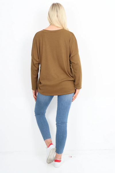 Italian Basic Soft Knit Long Sleeve Necklace Top