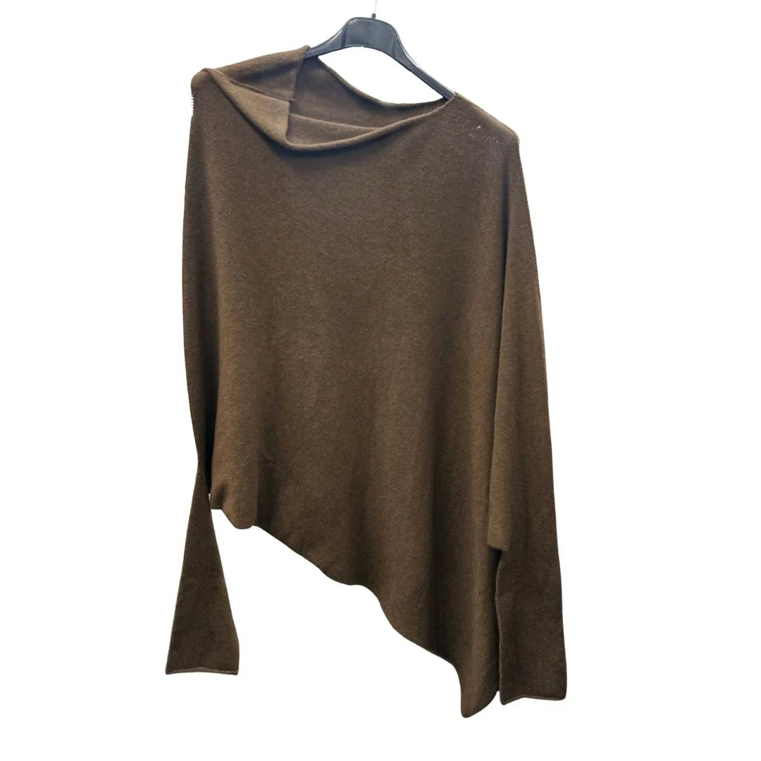 Italian Soft Knit Slant Long Sleeve Asymmetric Draped Jumper Top