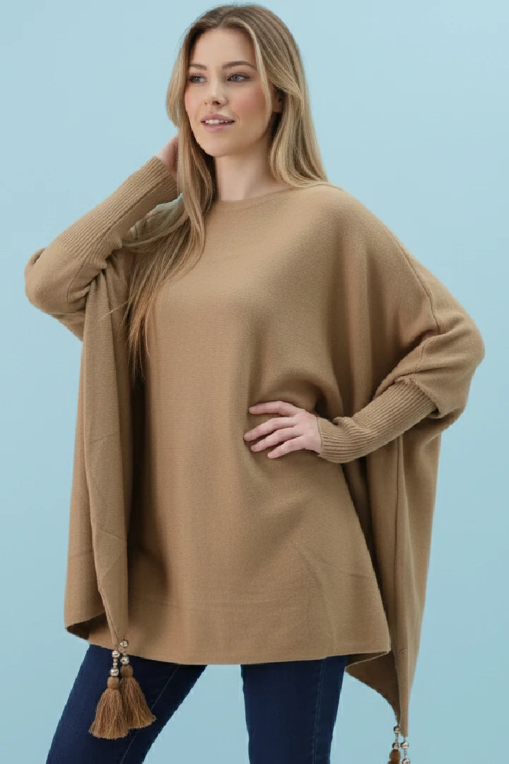 Oversized Round Neck Tassel Poncho