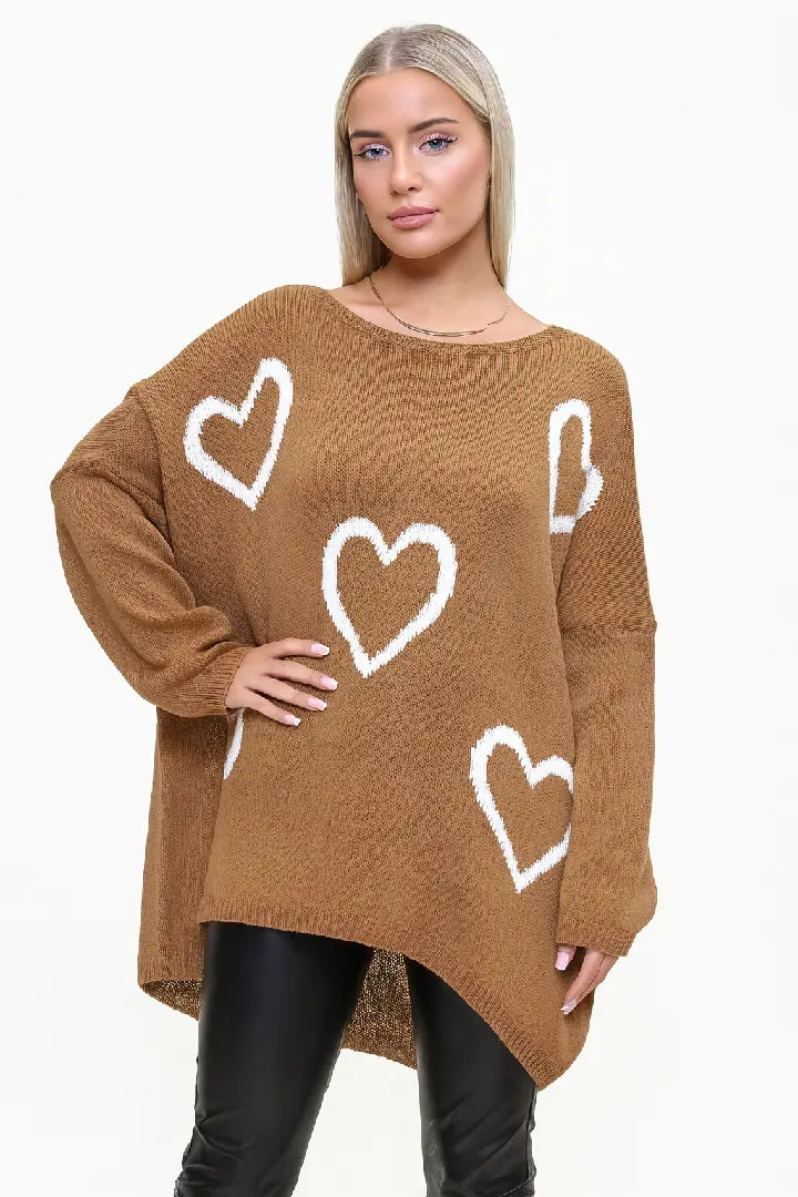 Ladies Oversized Heart Jumper Loose Fit Knit Winter Top Women Cardigan Sweater