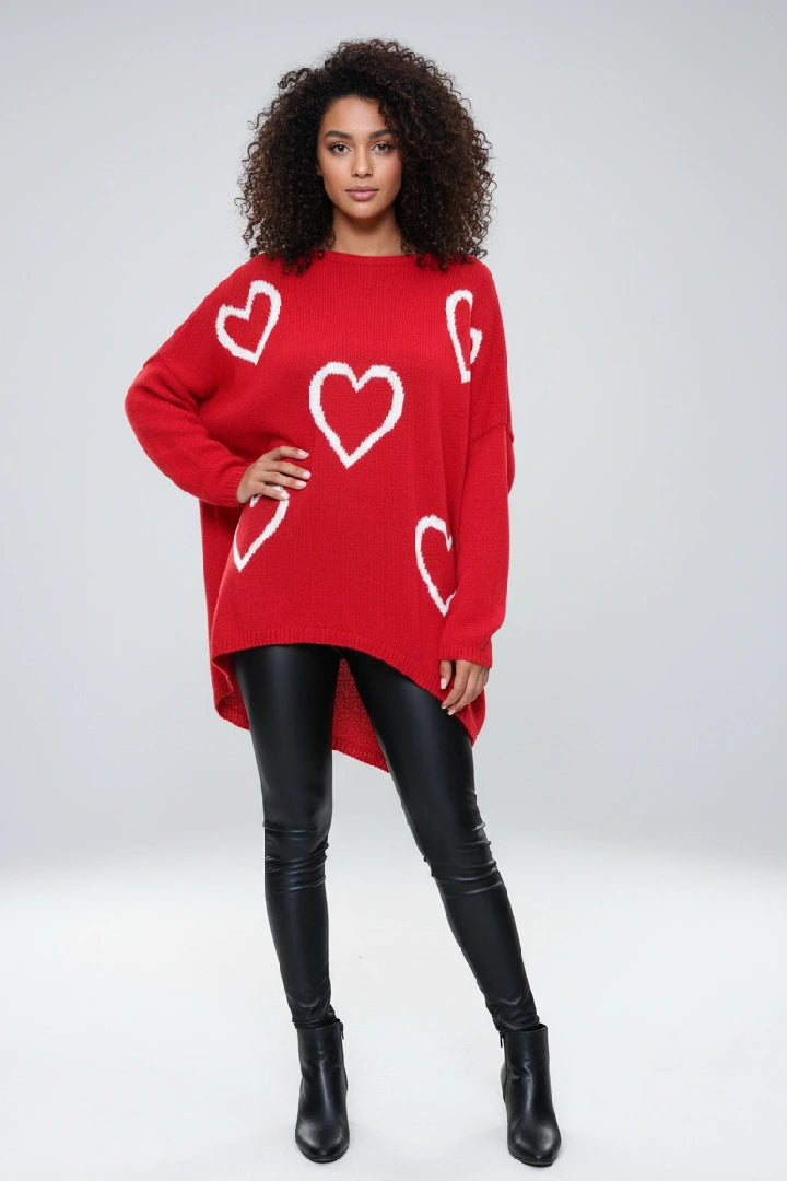 Italian Chunky Knit All Over Heart Print Jumper Top