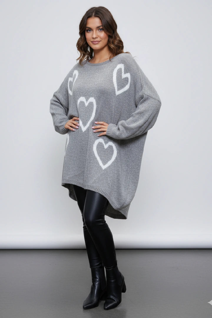 Ladies Oversized Heart Jumper Loose Fit Knit Winter Top Women Cardigan Sweater