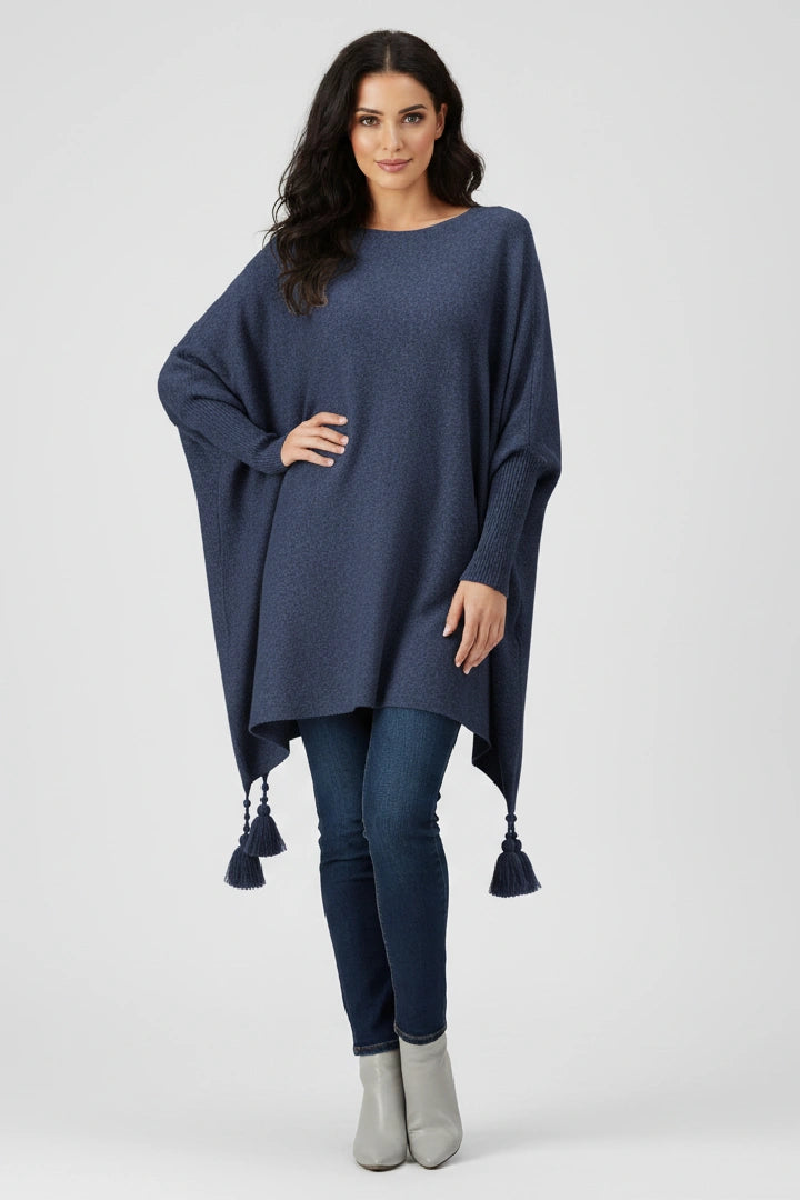 Oversized Round Neck Tassel Poncho