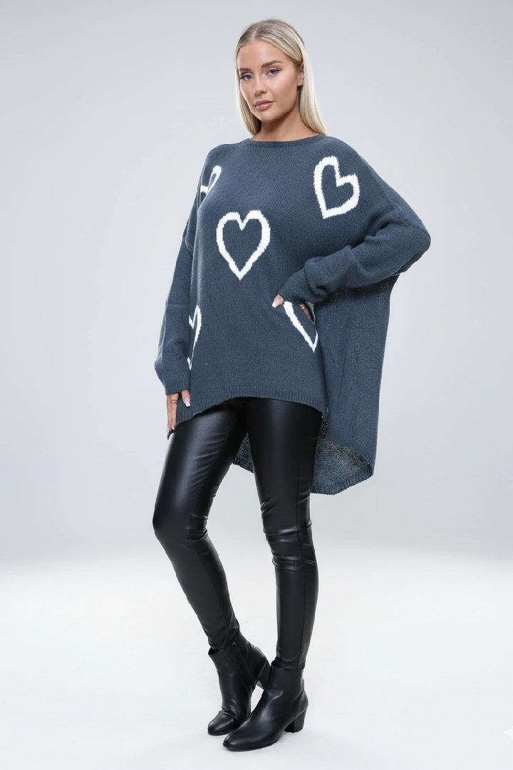 Ladies Oversized Heart Jumper Loose Fit Knit Winter Top Women Cardigan Sweater