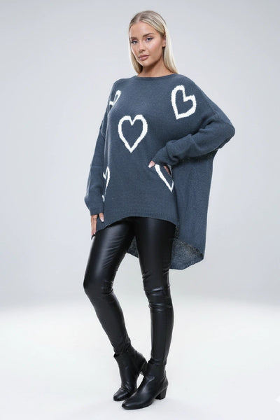 Ladies Oversized Heart Jumper Loose Fit Knit Winter Top Women Cardigan Sweater