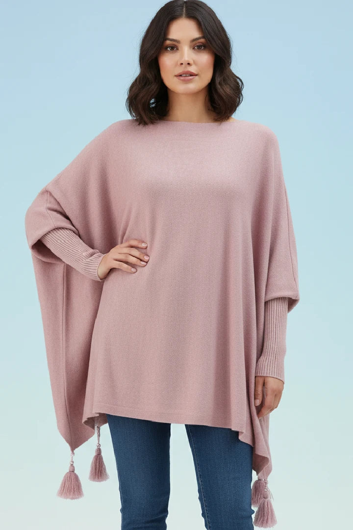 Oversized Round Neck Tassel Poncho