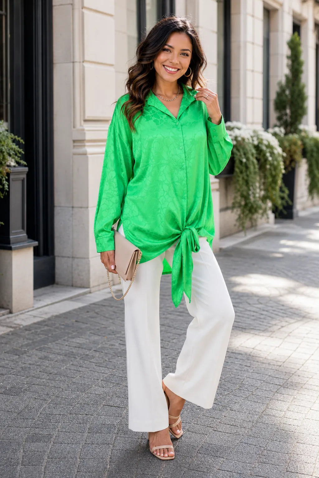 Woman wearing a green top and white pants standing on a city street.
