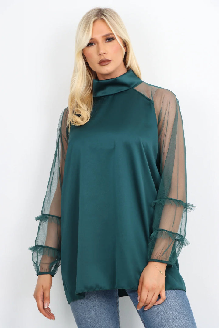 Italian Frill Mesh Net Sleeve High Neck Satin Top