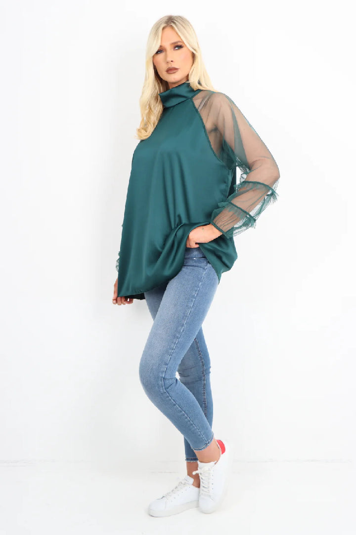 Italian Frill Mesh Net Sleeve High Neck Satin Top