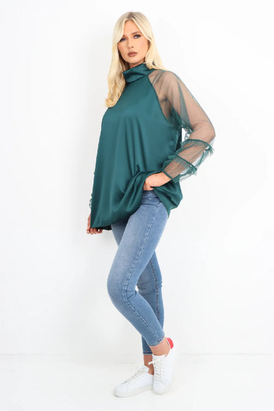 Italian Frill Mesh Net Sleeve High Neck Satin Top