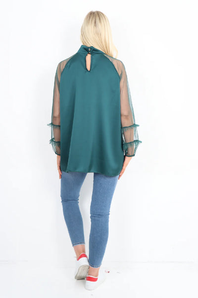 Italian Frill Mesh Net Sleeve High Neck Satin Top