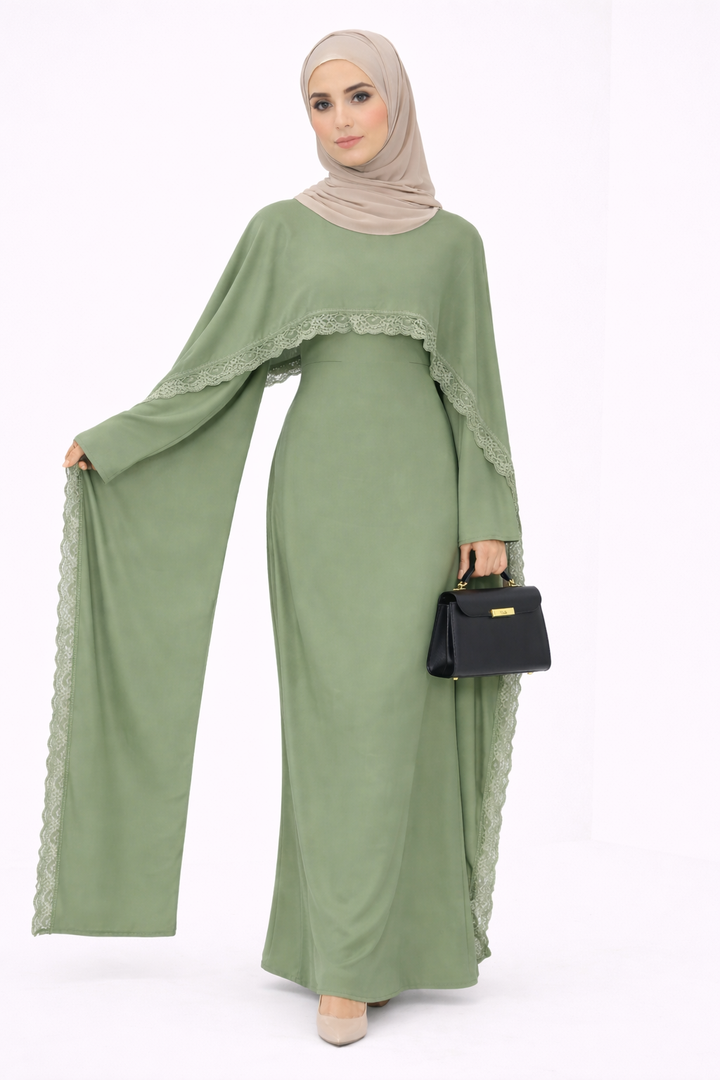 Lace Trim Modest Abaya Dress