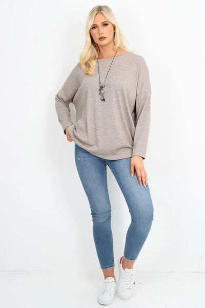 Italian Basic Soft Knit Long Sleeve Necklace Top